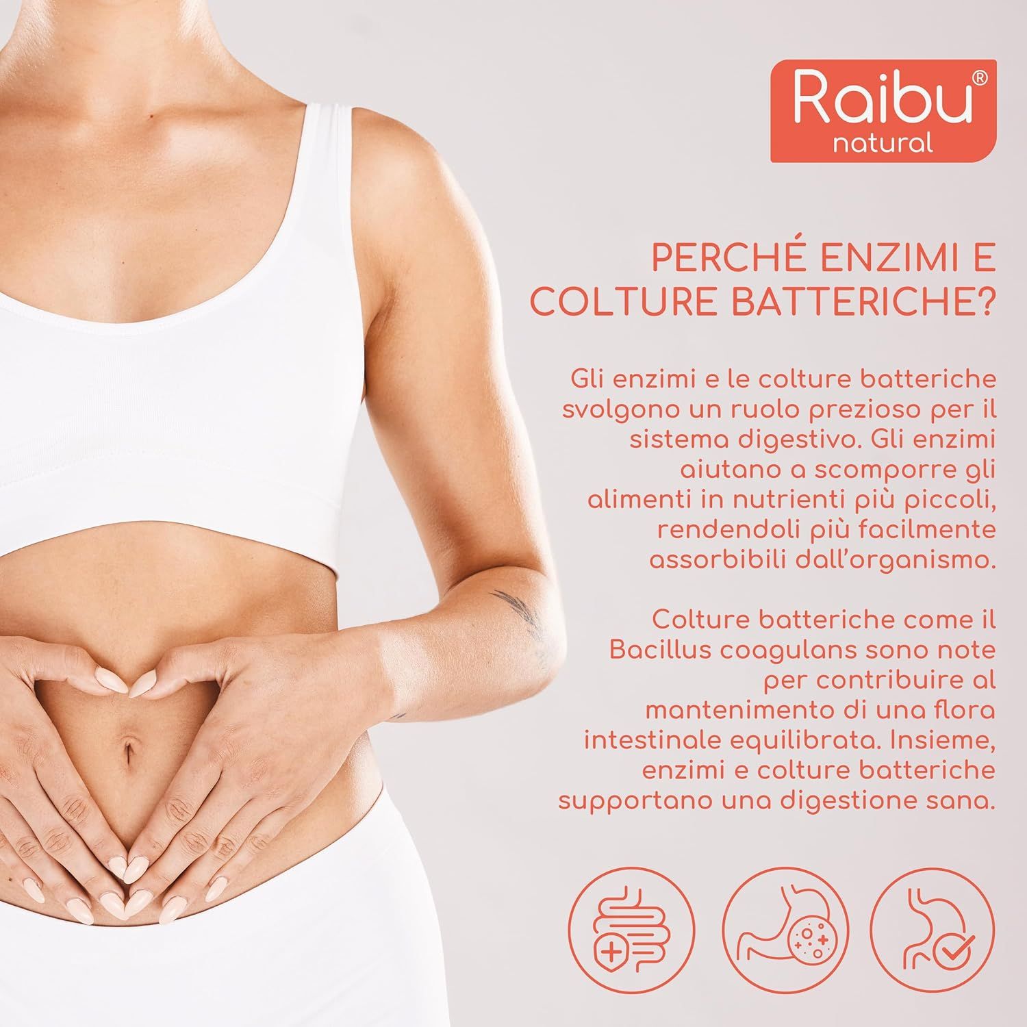 Pannello pubblicitario con testo. Testo: Perché enzimi e colture batteriche? Marchio: Raibu natural.
