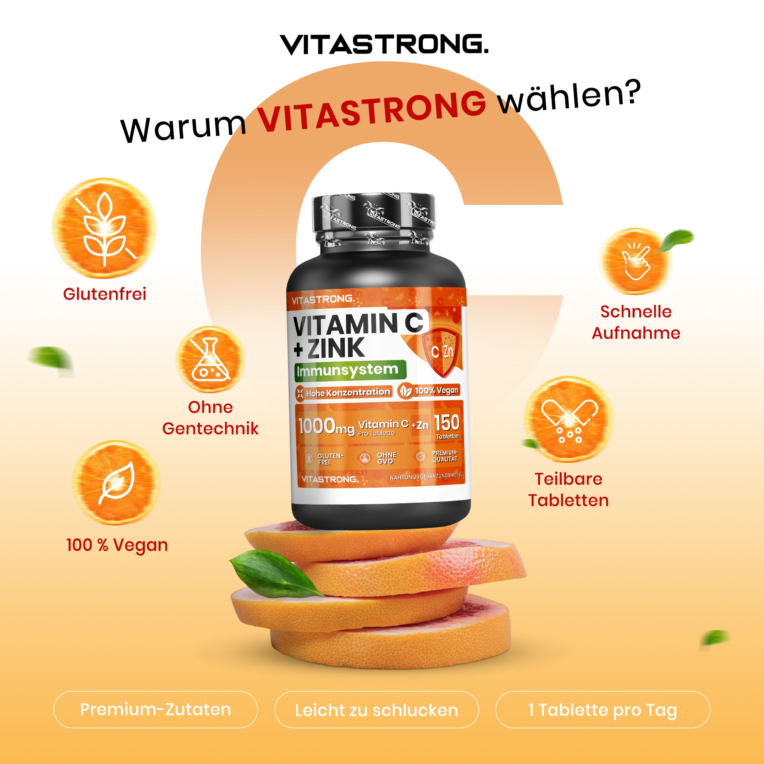 Vitastrong Vitamin C + Zink Flasche, Orangen. Text über die Vorteile für die Gesundheit.