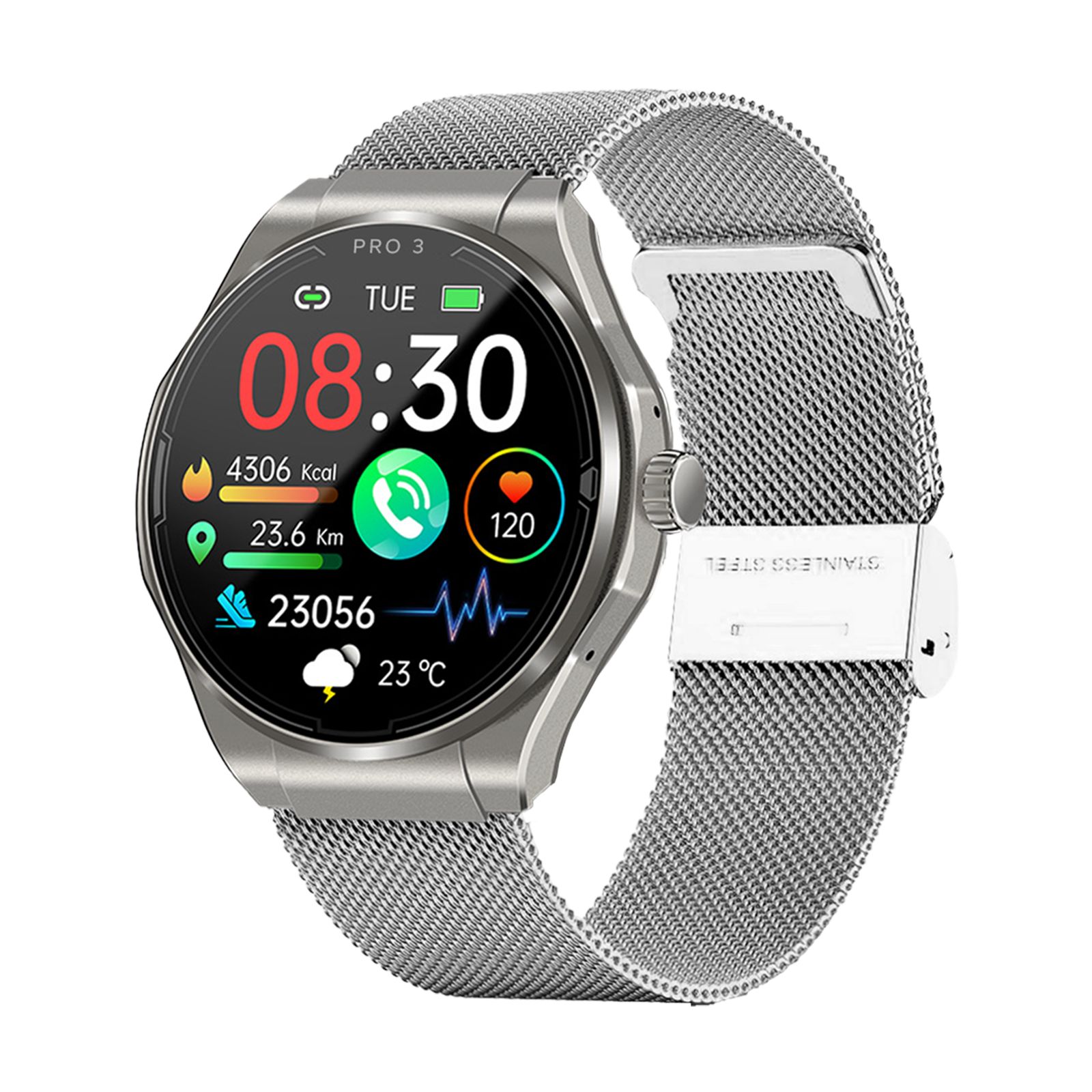 Silberne Smartwatch mit rundem Display. Zeigt Uhrzeit, Datum, Gesundheitsdaten und Temperatur. Metallarmband mit Edelstahlverschluss.