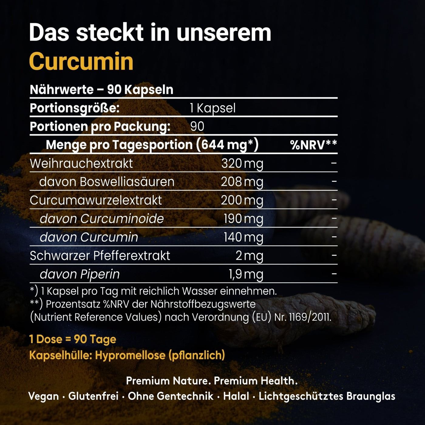 Nährwerttabelle für Doktor Health Curcumin. 90 Kapseln pro Packung. Inhaltsstoffe: Weihrauchextrakt, Curcuminoide, Piperin. Vegan, glutenfrei.