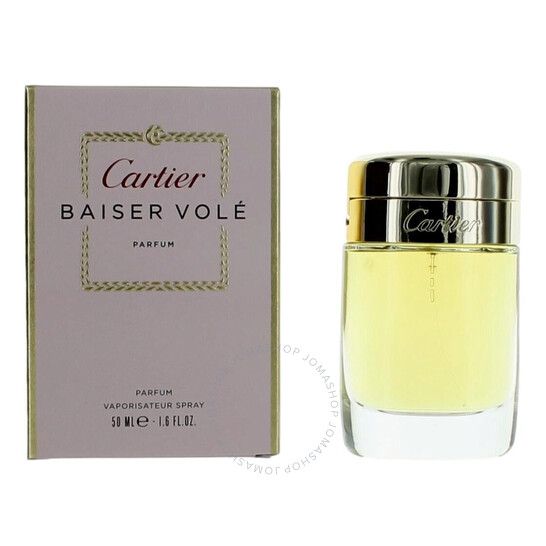 Cartier Baiser Volé Parfum Spray. Flakon mit silbernem Deckel, gelber Flüssigkeit. Rechteckige Verpackung mit Logo und Schriftzug.