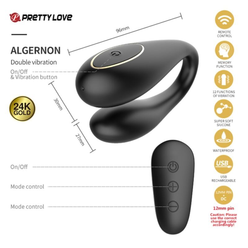 Schwarzes Sextoy mit goldenen Akzenten. 30mm breit, 27mm hoch, 96mm lang. 24K Gold. Pretty Love Logo. Fernbedienung.