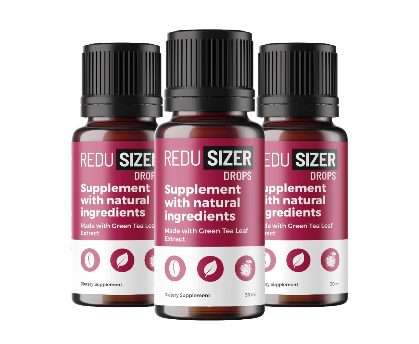 Drei braune Glasflaschen mit schwarzen Deckeln. Rote Etiketten mit weißer Schrift. Text: REDU SIZER DROPS, Supplement with natural ingredients.