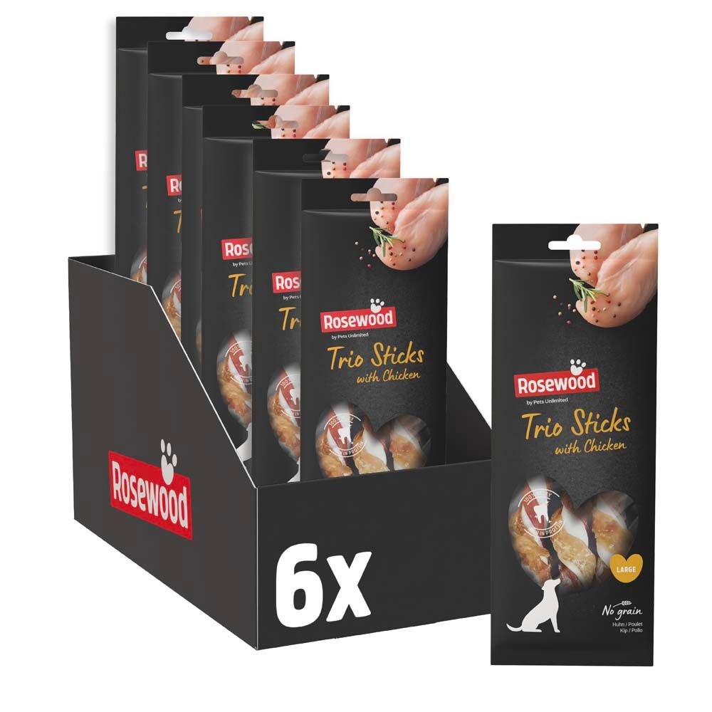Display mit 6 Packungen Trio Sticks mit Huhn. Einzelne Packung daneben. Marke Rosewood.
