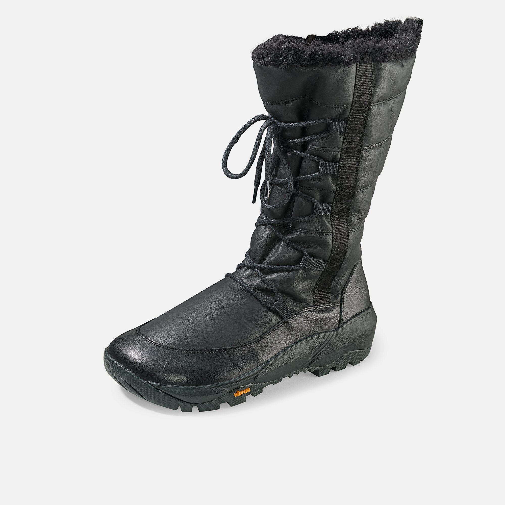 Schwarzer Stiefel mit Schnürung und Fellbesatz. Seitlicher Reißverschluss. Sohle mit Vibram-Logo. Breite Ausführung.
