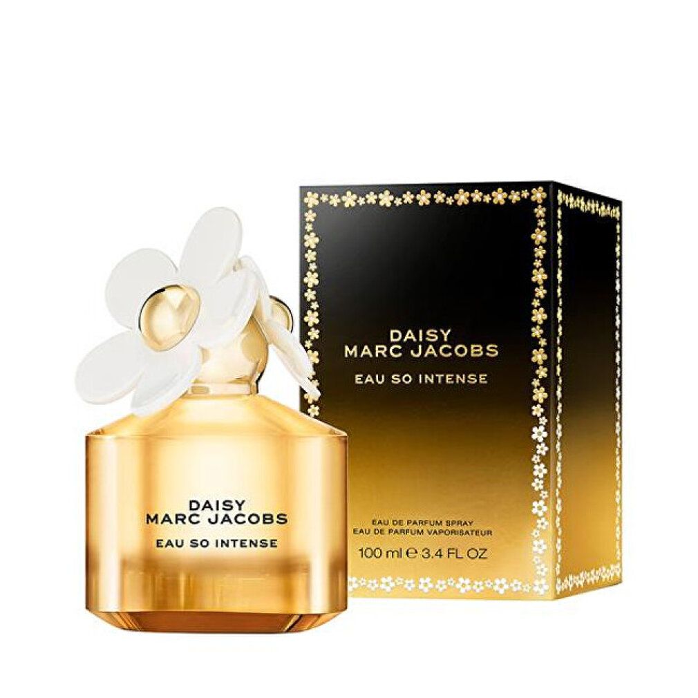 Parfümflakon und Schachtel. Flakon mit weißer Blüte. Aufschrift: DAISY MARC JACOBS EAU SO INTENSE. Schachtel mit Text.