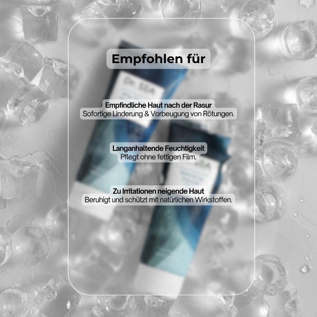 Zwei blaue Tuben After Shave Balsam. Empfohlen für: empfindliche Haut, langanhaltende Feuchtigkeit, zu Irritationen neigende Haut.
