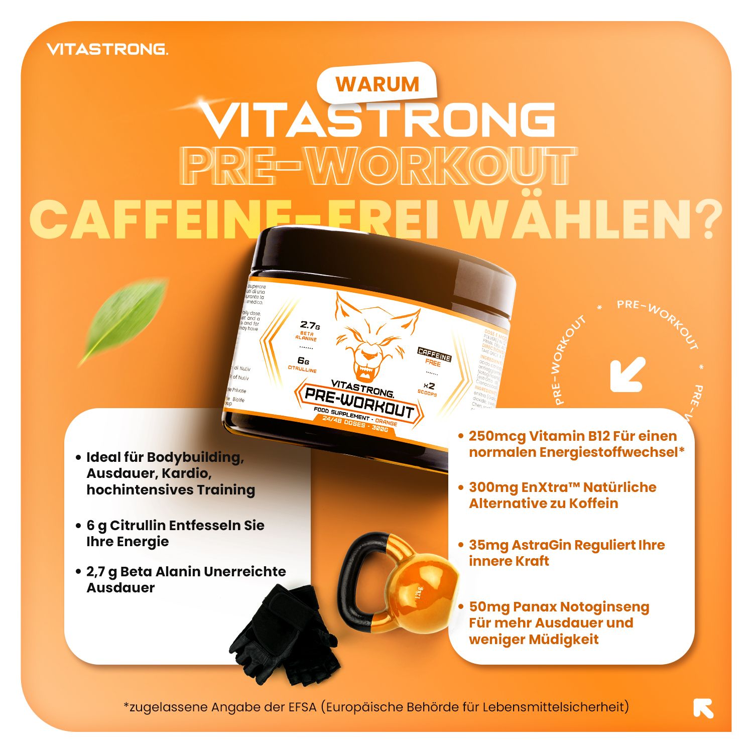 Vitastrong Pre-Workout, Dose. Text: Ohne Koffein. Inhaltsstoffe. Handschuhe. Mann im Fitnessstudio. Orange.