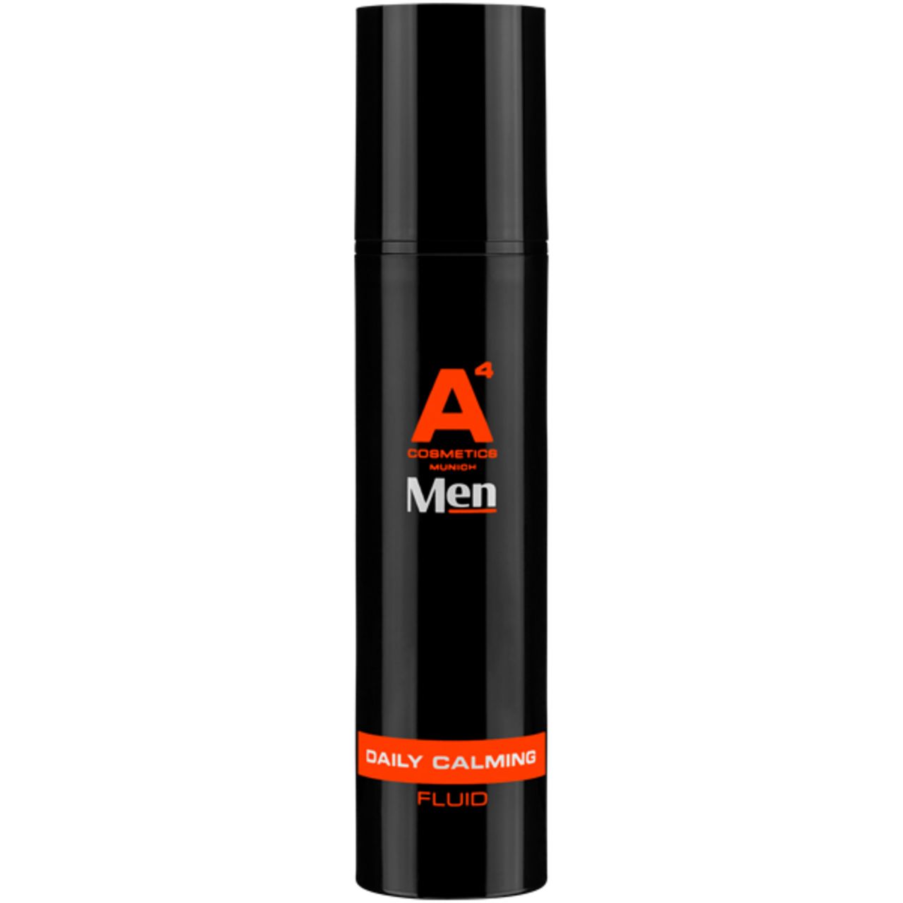 Schwarze Flasche mit orangefarbenem Streifen. Aufschrift: A4 Cosmetics Men, Daily Calming Fluid.