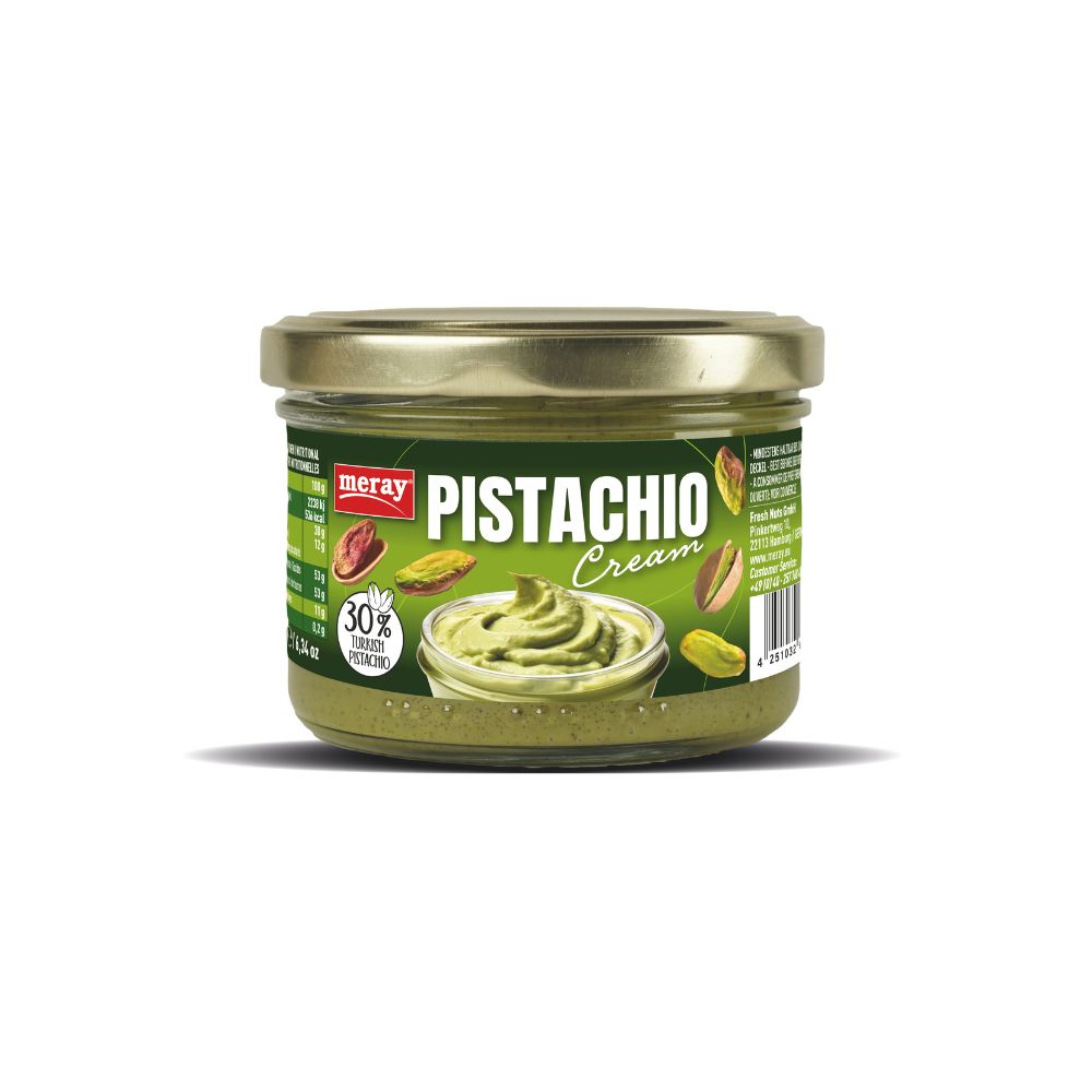 Glas mit Pistaziencreme. Aufschrift "Pistachio Cream" und "30% Turkiye Pistachio". Goldfarbener Deckel.