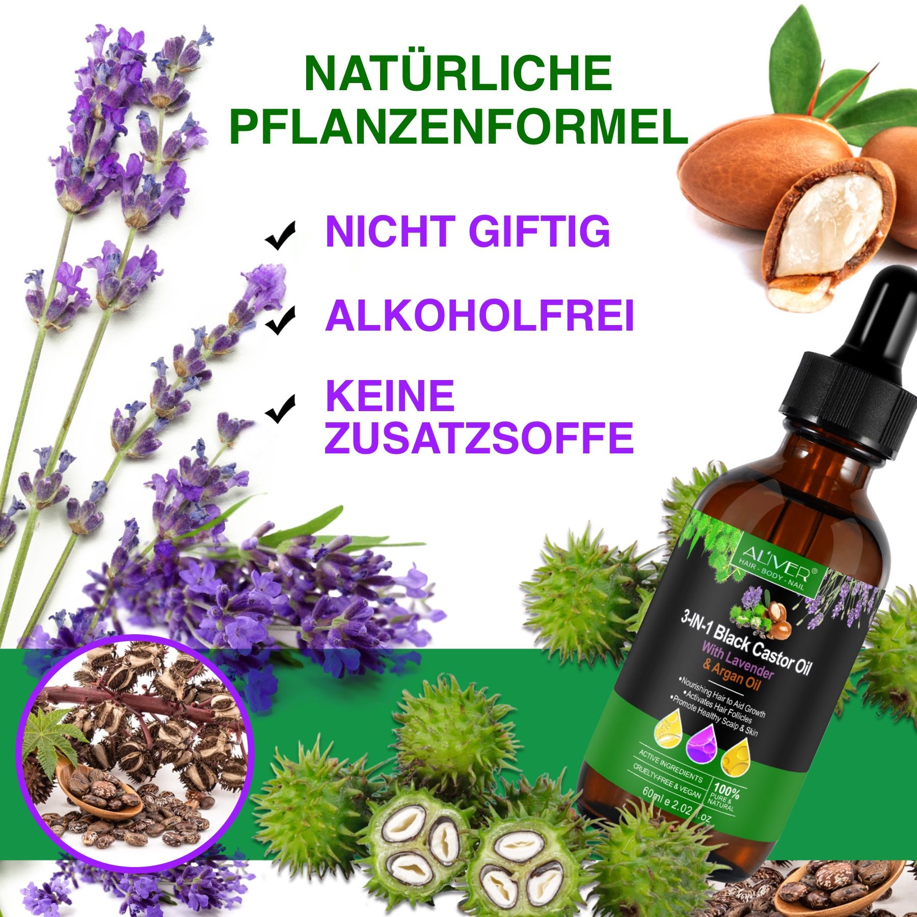 ALIVER 3-in-1 Rizinus Lavendel Argan  Haaröl