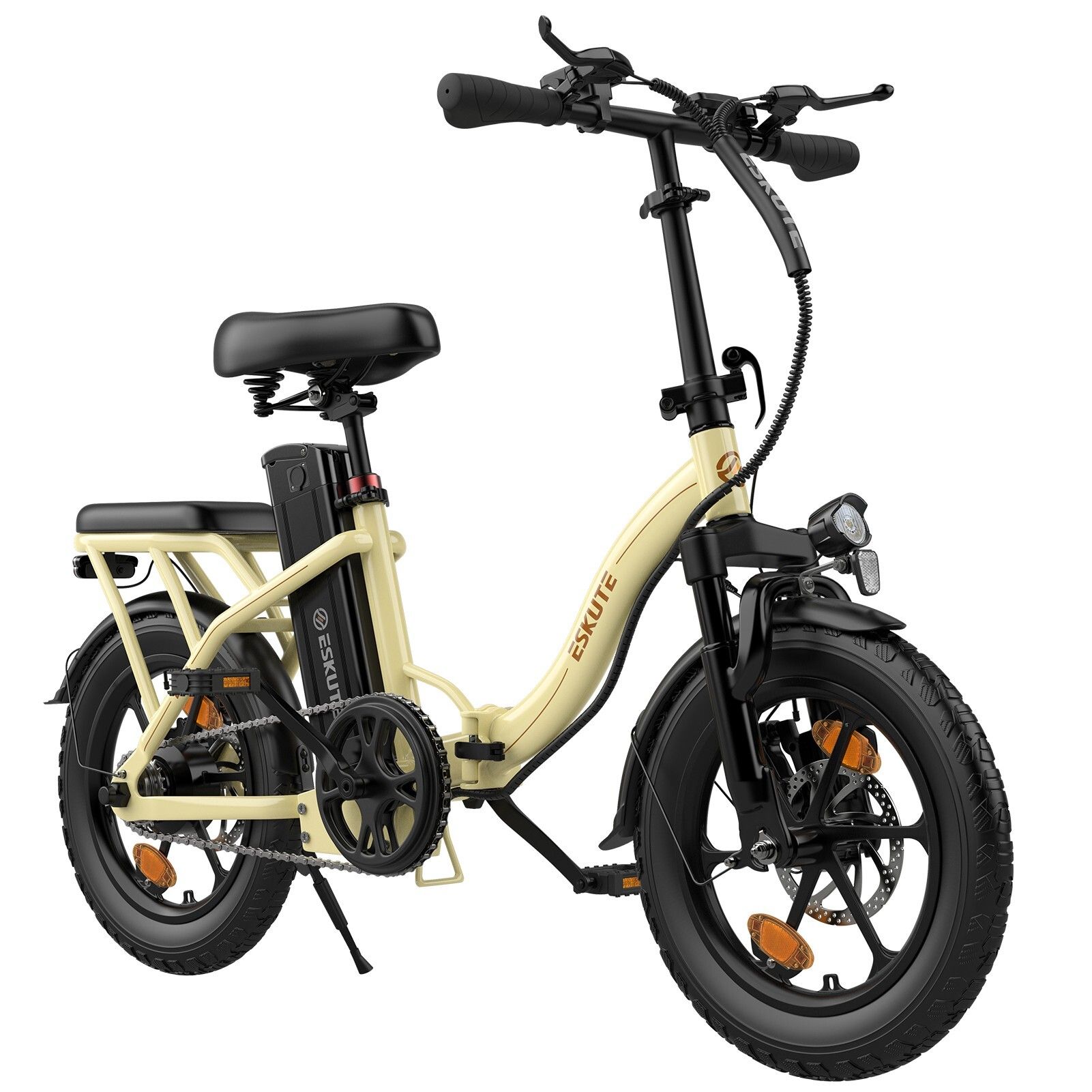 Beige faltbares Elektrofahrrad. Schwarze Reifen, Sattel und Lenker. Marke ESKUTE.