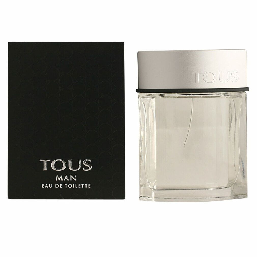 Flakon und Schachtel von Tous Man Eau De Toilette. Schwarze Schachtel mit Logo. Transparenter Flakon mit silbernem Deckel.