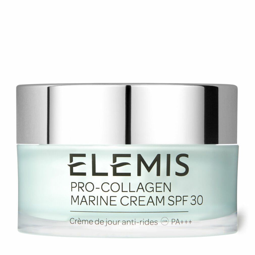 Creme-Tiegel mit silbernem Deckel. Aufschrift: Elemis Pro-Collagen Marine Cream SPF 30. Crème de jour anti-rides.
