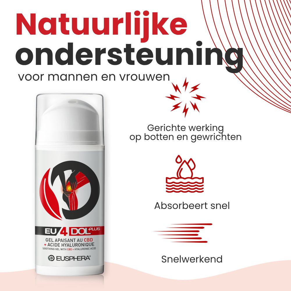 Fles met tekst. Tekst: EU4DOL Plus, Eusphera. Rode achtergrond. Afbeelding.