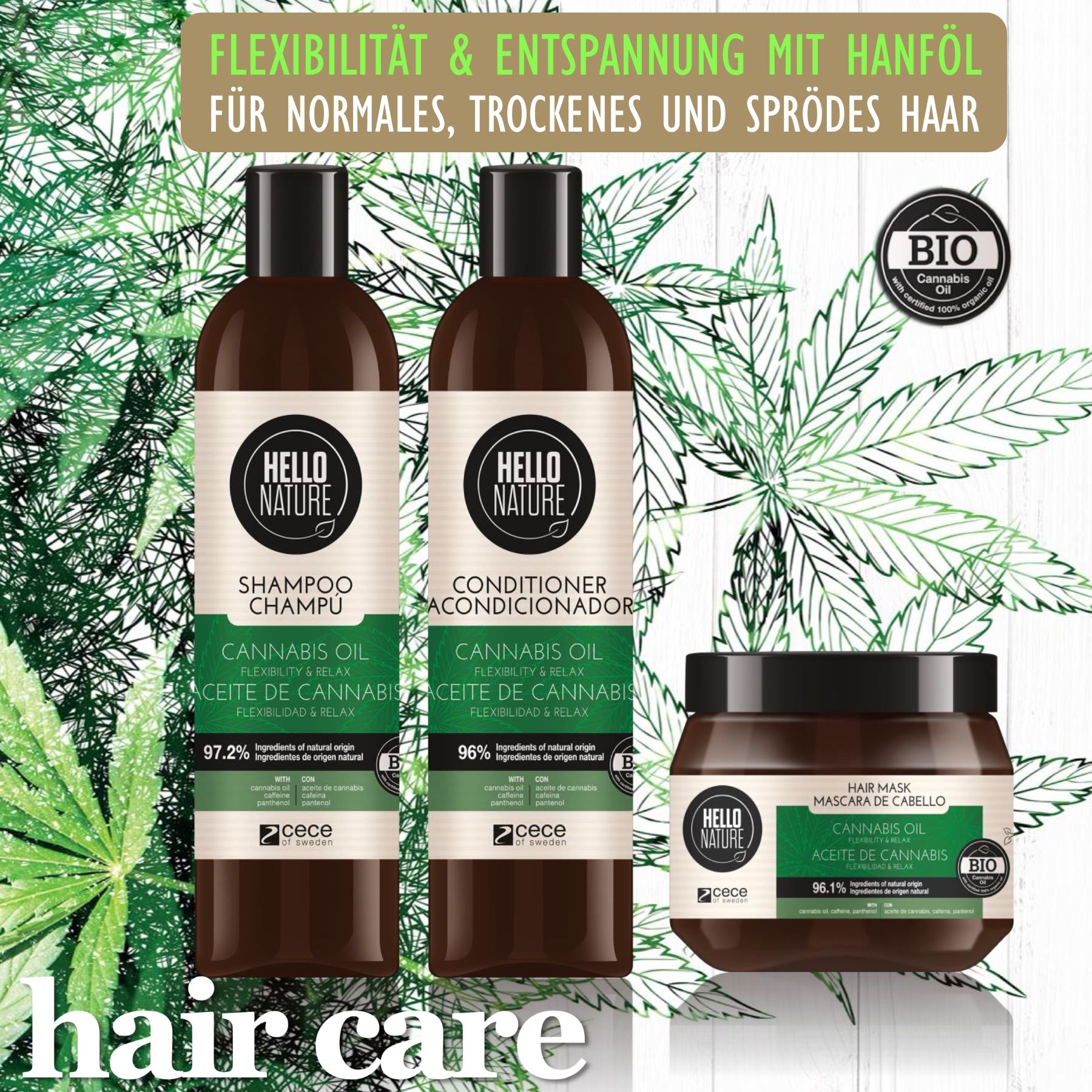 Shampoo, Conditioner und Haarmaske. Hello Nature. Cannabis Oil. Braune Flaschen und Tiegel. Bio-Siegel. Grüne Blätter.