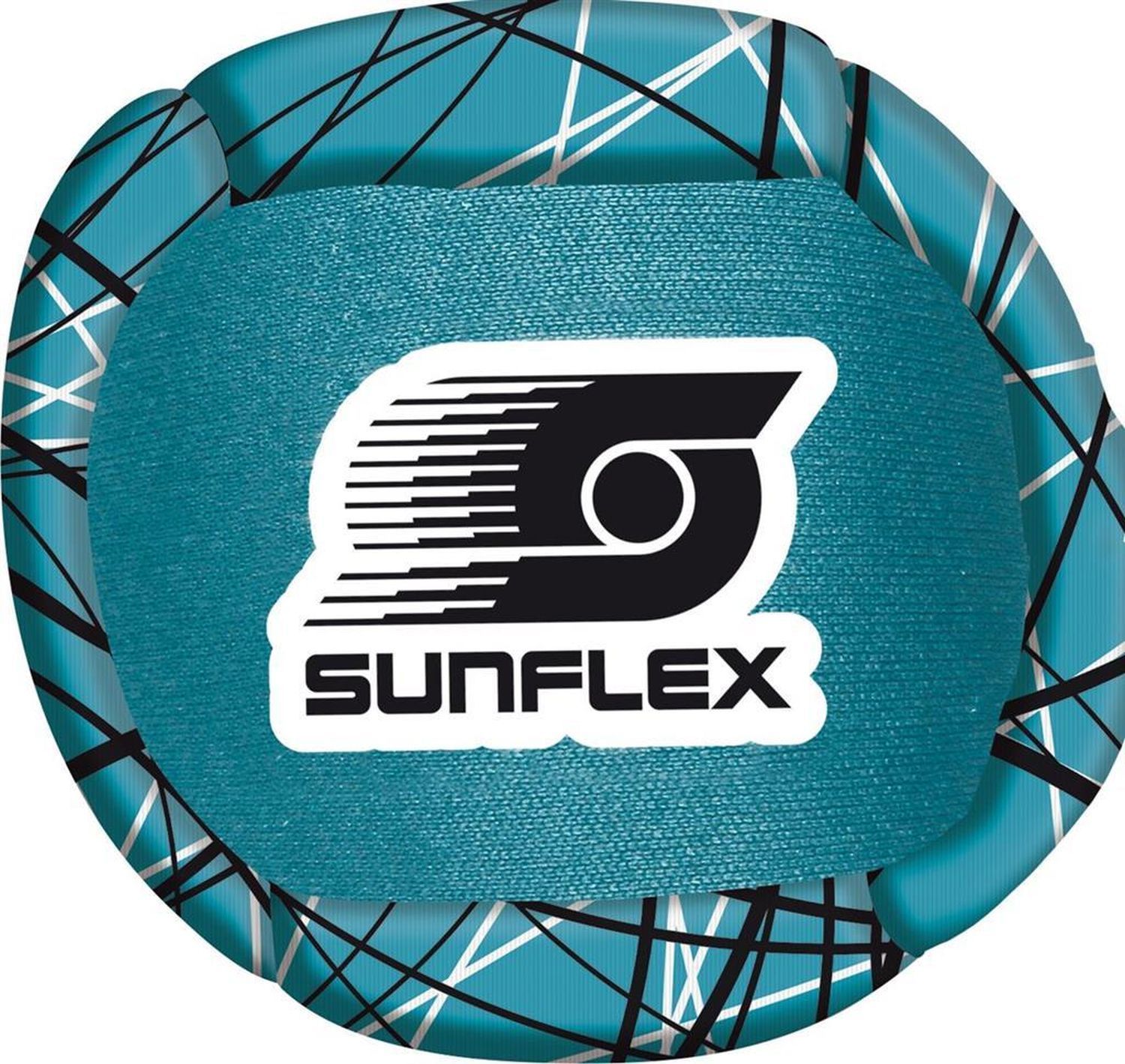 Nahaufnahme eines blauen Sunflex Funball Neoremi Circle. Das Sunflex-Logo ist deutlich sichtbar. Schwarze und weiße Linien auf dem Rand.