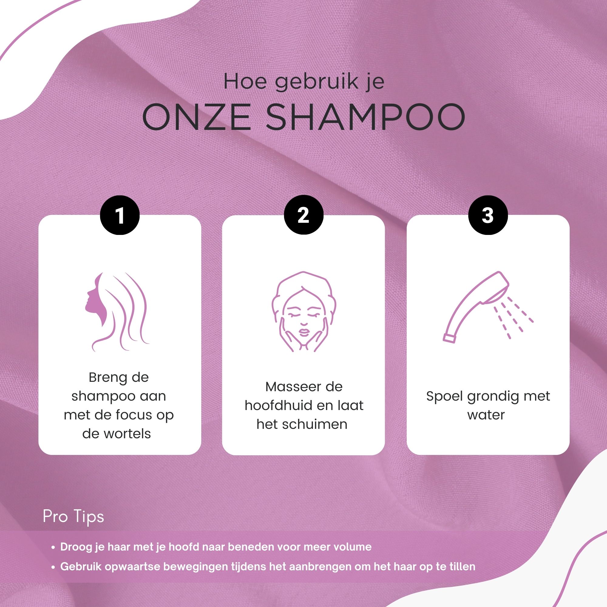 Instructies voor het gebruik van shampoo. Stappen: 1. Aanbrengen, 2. Masseren, 3. Uitspoelen. Pro-tips.
