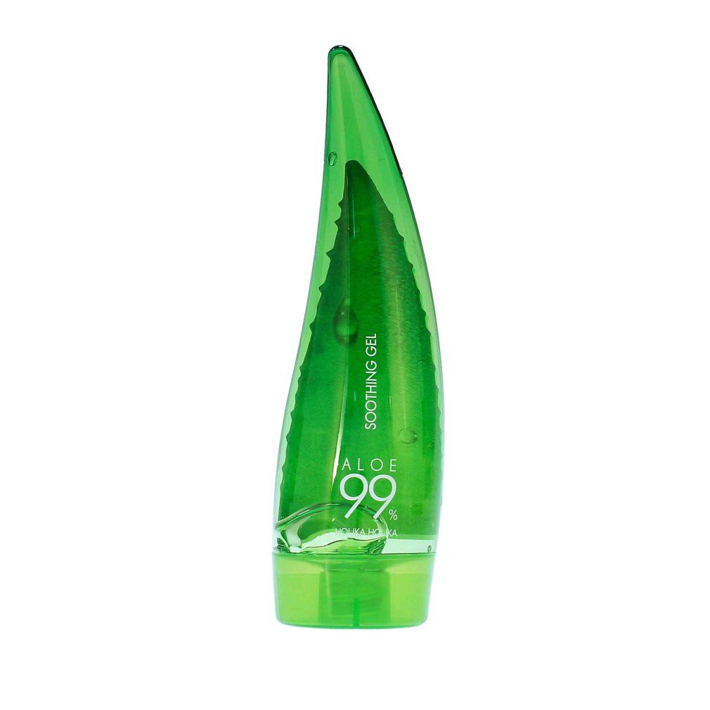 Grüne Flasche mit Aloe 99% beruhigendem Gel, spitz zulaufend.