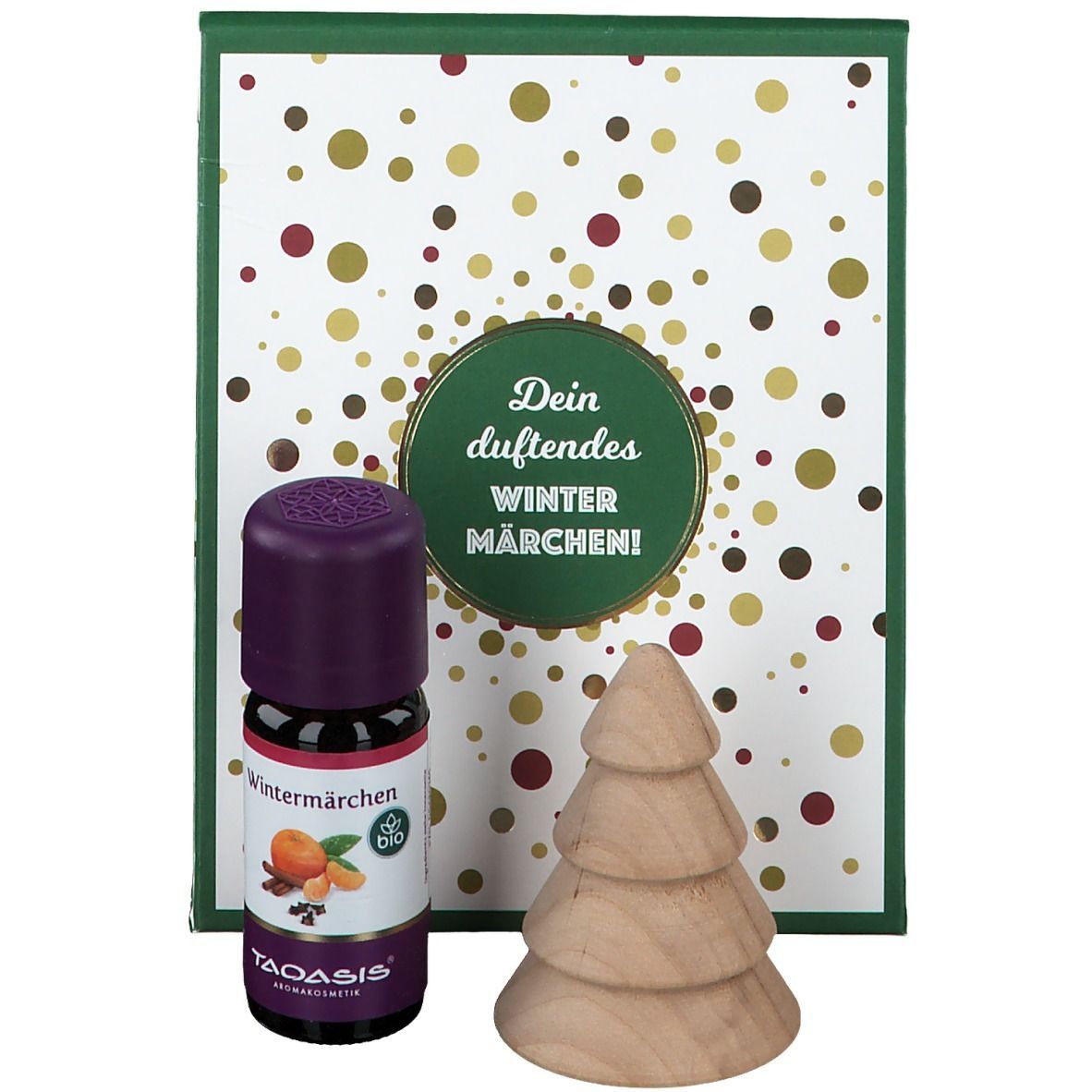 Produkt-Set mit Flasche, Holz-Tannenbaum und Verpackung. Flasche mit Etikett. Verpackung mit goldenen Punkten.