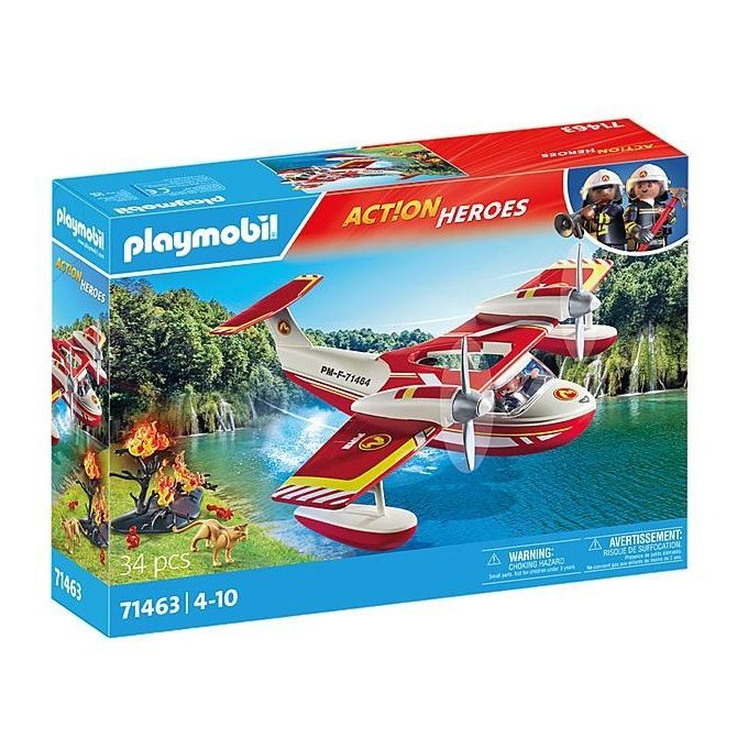 Set di gioco Playmobil 71463, un idrovolante rosso e bianco con eliche, raffigurato in una scena di incendio boschivo. La confezione mostra il logo Playmobil e la scritta "Action Heroes". Contiene 34 pezzi, adatto a bambini dai 4 ai 10 anni.