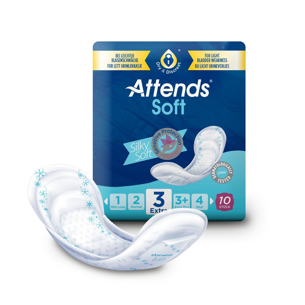 Attends Soft 3 Extra. Inkontinenzeinlagen. Packung und einzelne Einlage. Aufschrift: Silky Soft, 10 Stück. Für leichte Blasenschwäche.