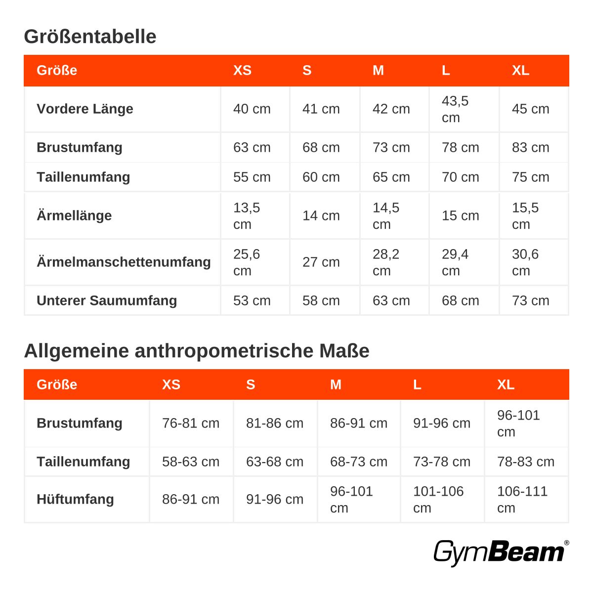 Größentabelle für Damenbekleidung mit Maßen für verschiedene Größen des T-Shirts und des Oberkörpers.