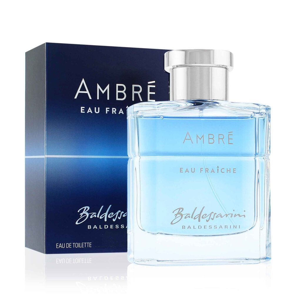 Flakon und Verpackung. Flakon mit blauem Inhalt, silbernem Verschluss. Verpackung mit Aufschrift "AMBRE Eau Fraiche".