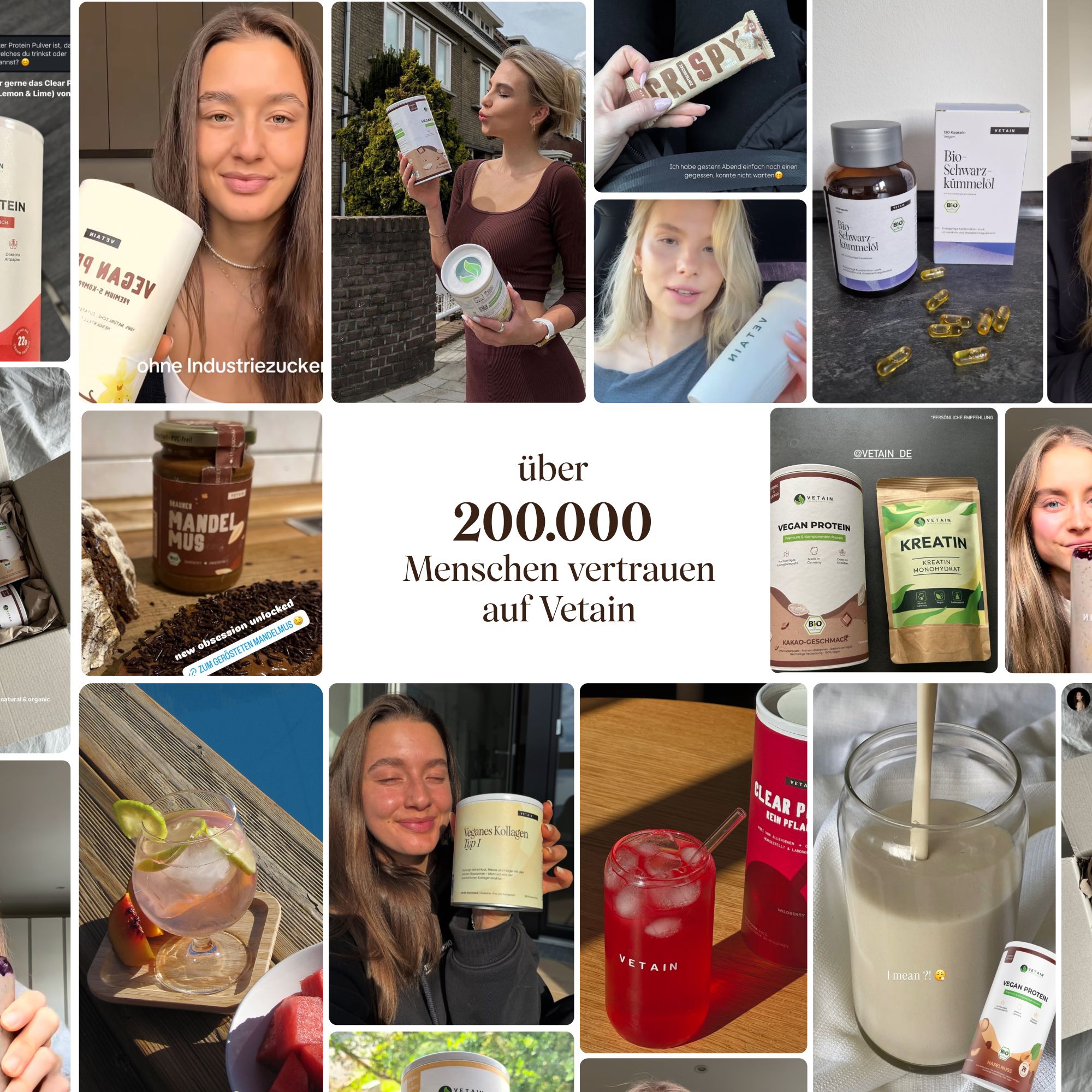 Collage: Menschen mit Vetain-Produkten. Vegan Protein, Mandelmus, Kapseln, Shakes, Riegel.