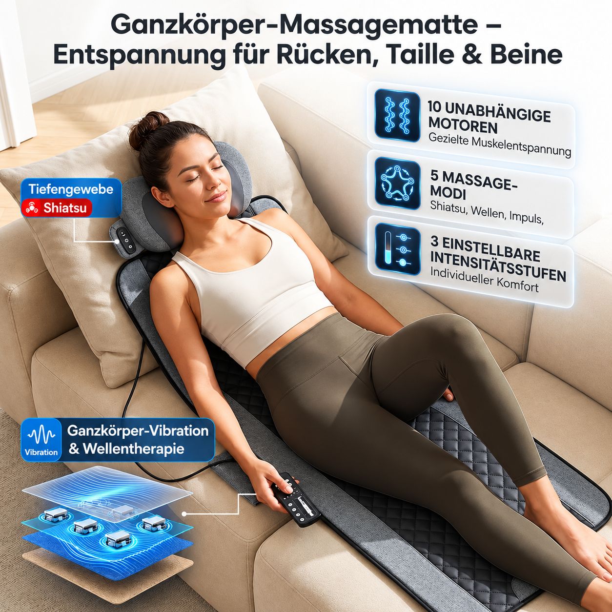 Ganzkörper-Massagematte mit 10 Motoren, 5 Modi, 3 Intensitätsstufen.