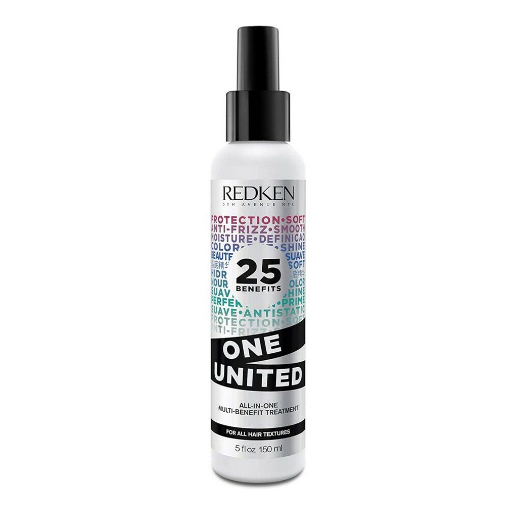 Haarspray-Flasche mit schwarzem Sprühkopf. Silberne Flasche mit Text. Marke Redken. Produktname: ONE UNITED. 25 Vorteile.