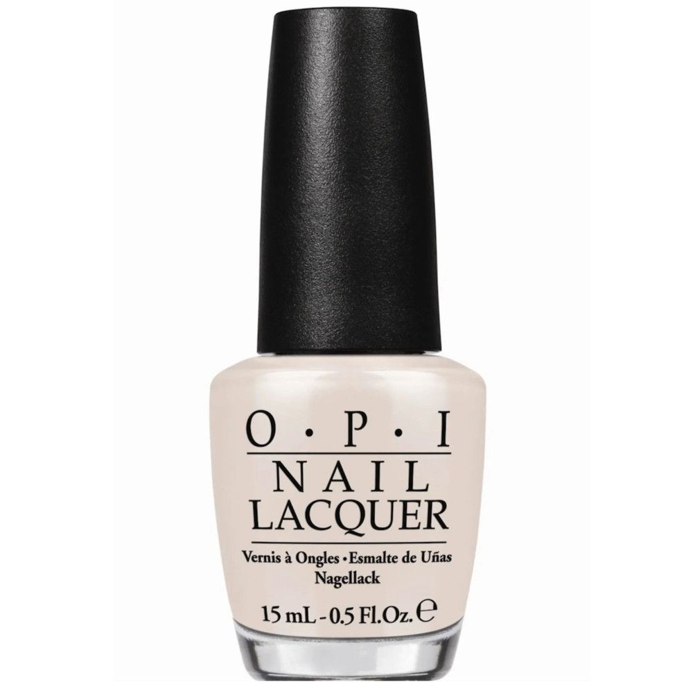 OPI Nagellack-Fläschchen. Beige Farbe, schwarzer Deckel. Aufschrift: Nail Lacquer.