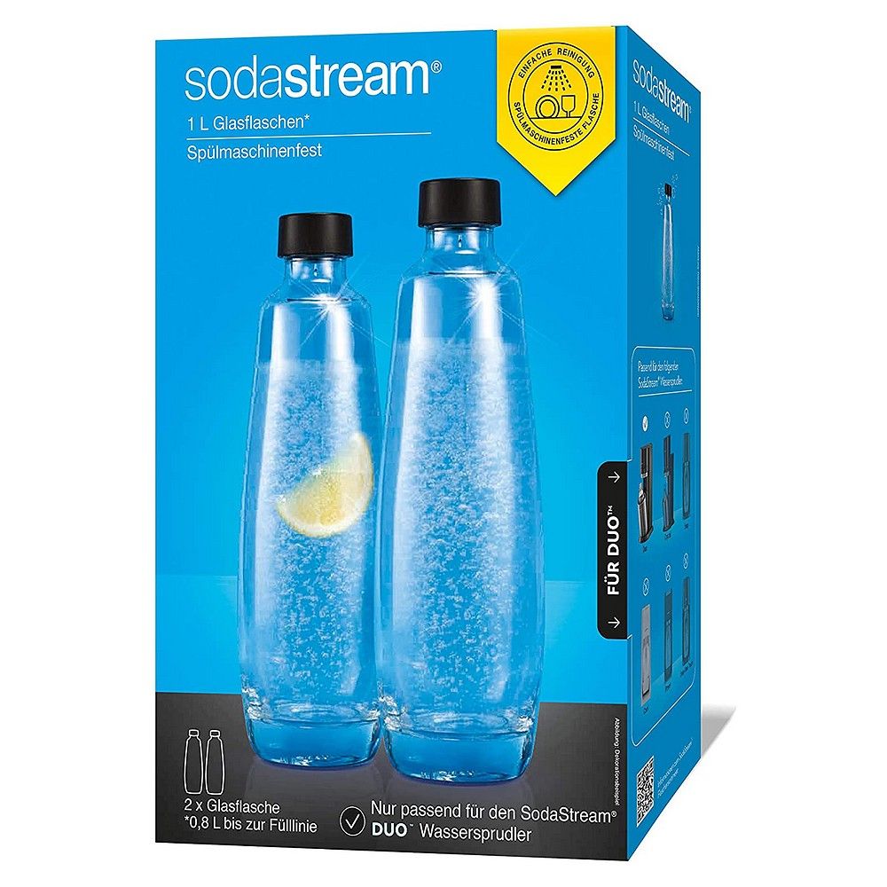 Zwei SodaStream Glasflaschen (1L) im 2er-Pack, spülmaschinenfest, mit schwarzen Deckeln.