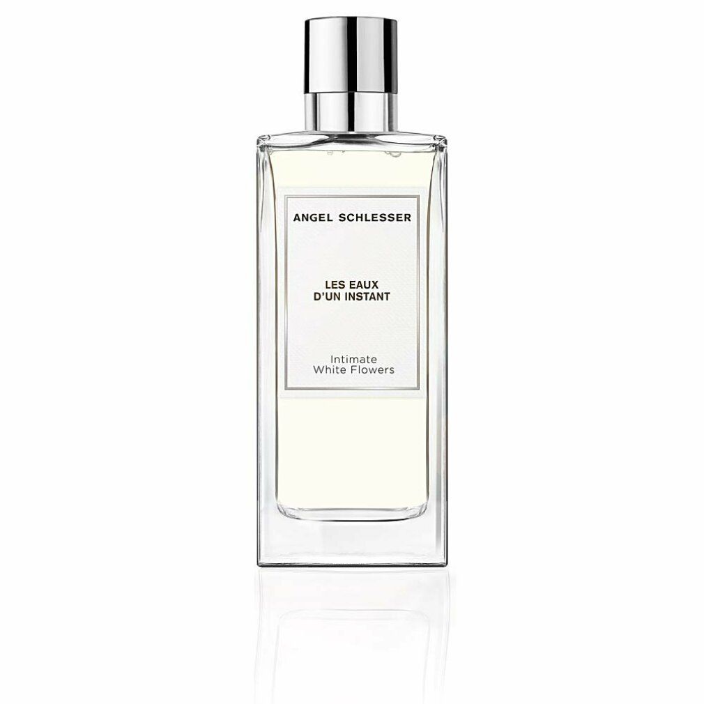 Angel Schlesser Les Eaux d'un Instant Intimate White Flowers EdT Nat. Spray Flakon. Rechteckig, silberner Deckel, weißes Etikett.