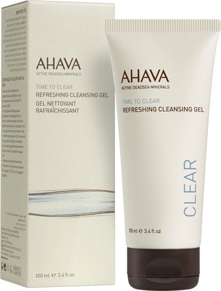 AHAVA Time to Clear Erfrischendes Reinigungsgel in einer weißen Tube mit braunem Verschluss. Beinhaltet eine Faltschachtel.