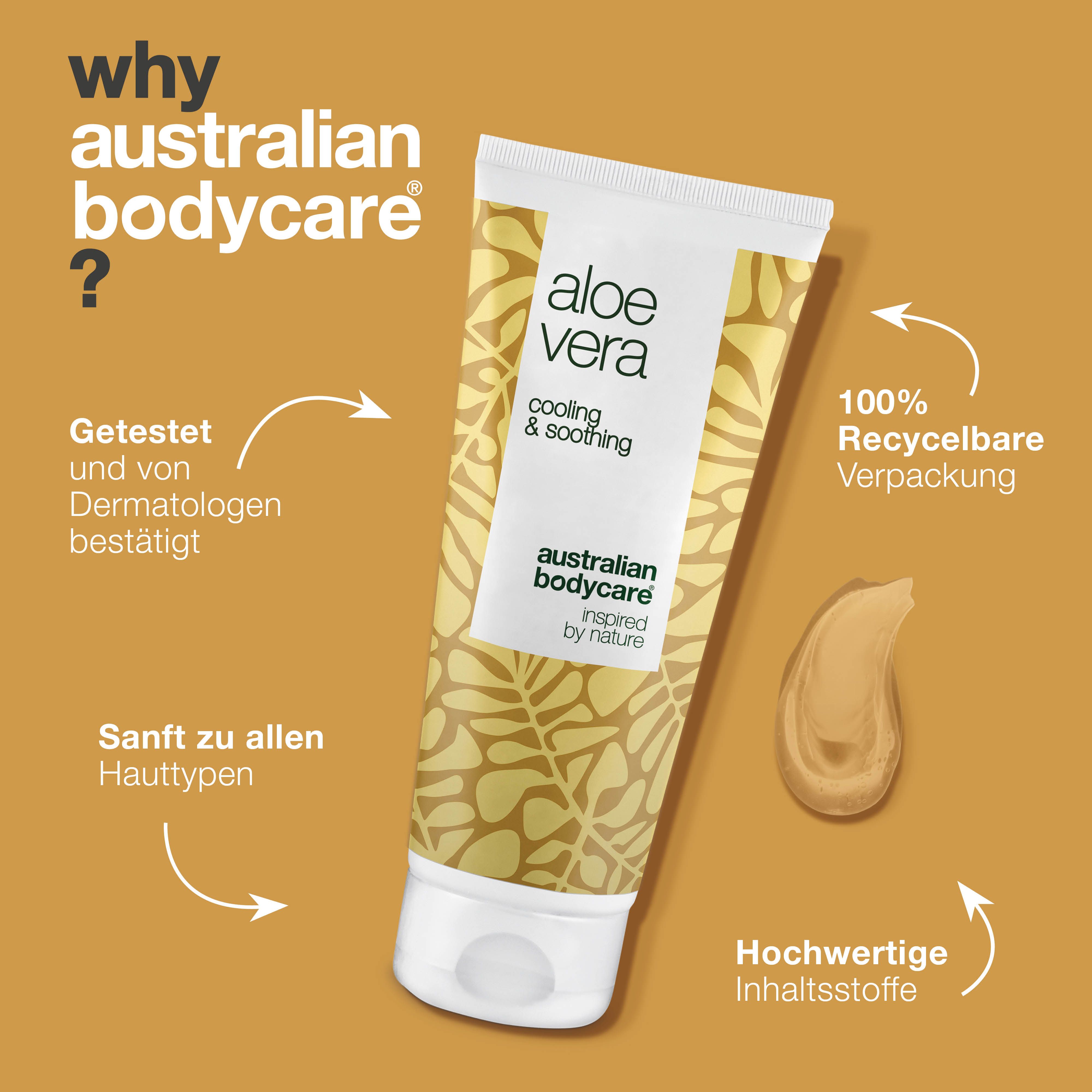 Tube Aloe Vera Gel. Aufschrift: Aloe Vera, Cooling & Soothing, Australian Bodycare. Text: Warum Australian Bodycare?