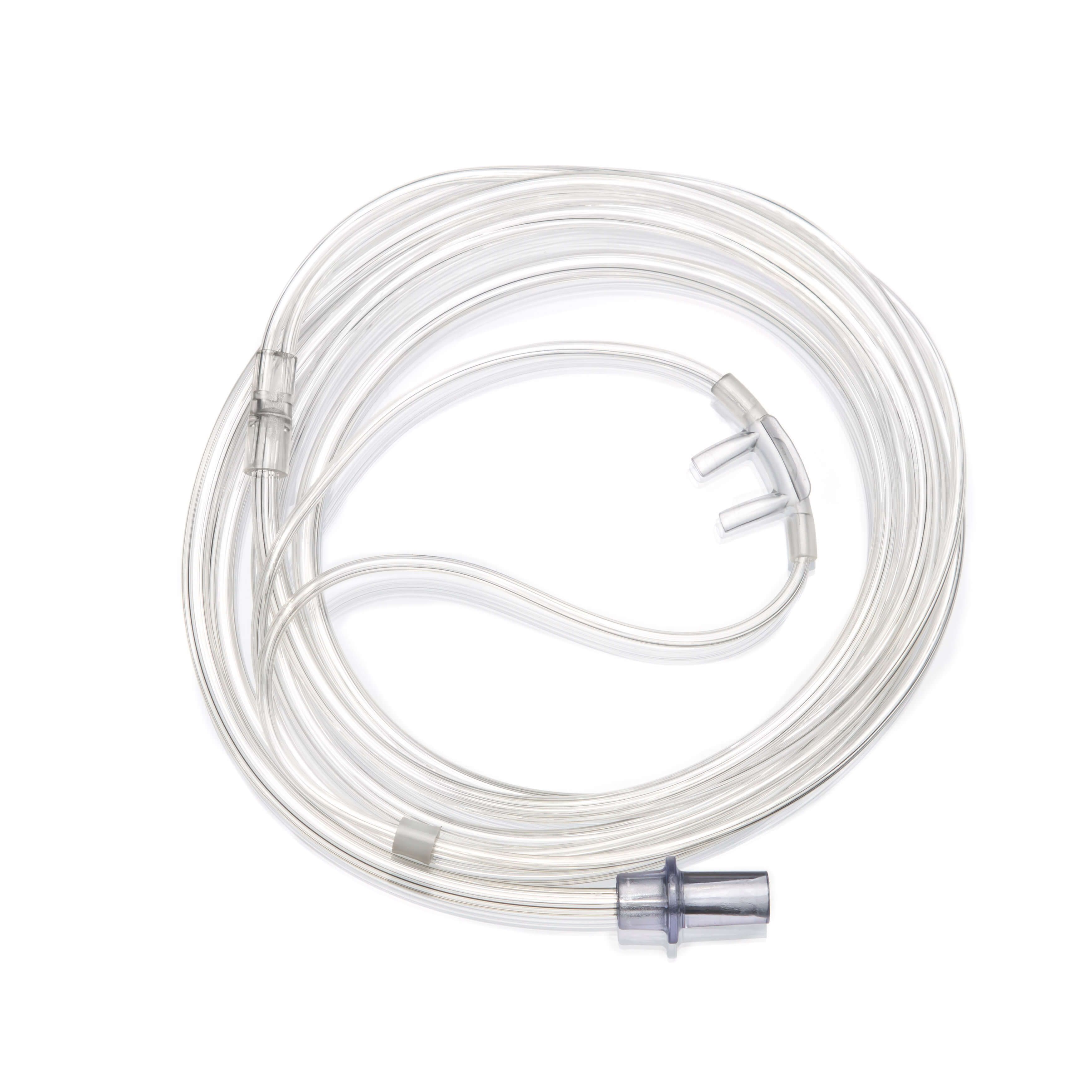 Sauerstoffbrille mit geraden Ansatzstücken. Transparentes Schlauchsystem mit Nasenkanülen und Konnektor.