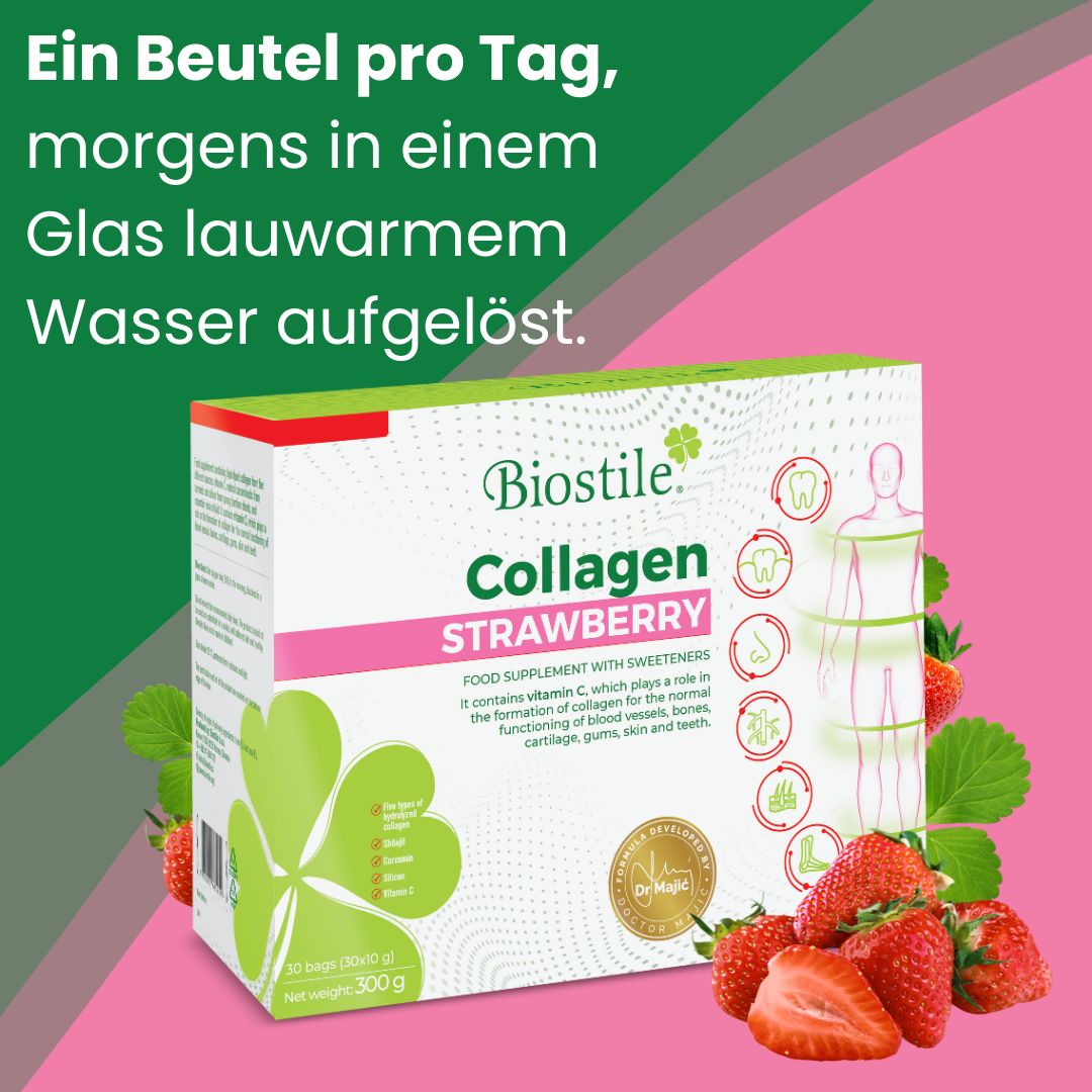 Packung Biostile Collagen Strawberry. Text: Ein Beutel pro Tag, morgens in Wasser auflösen.