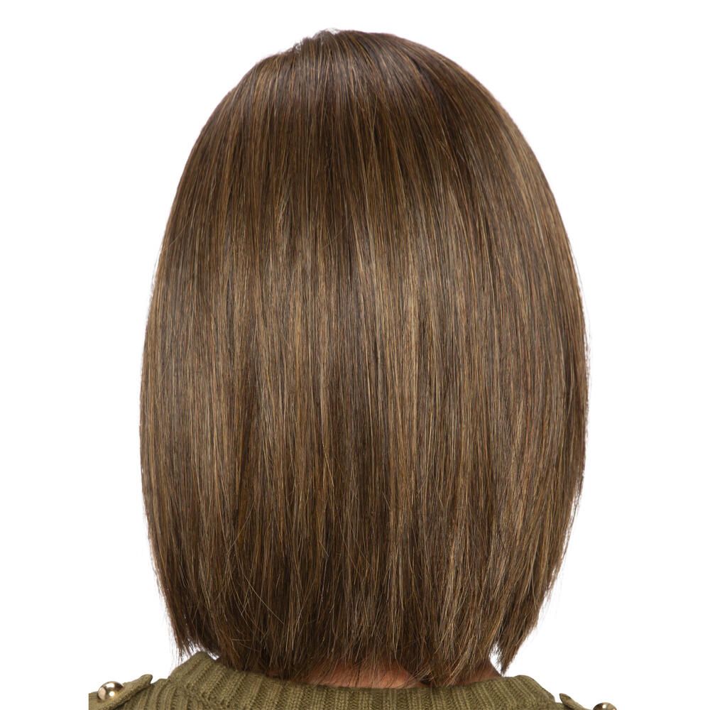 Perücke mit braunen, schulterlangen Haaren. Rückansicht.