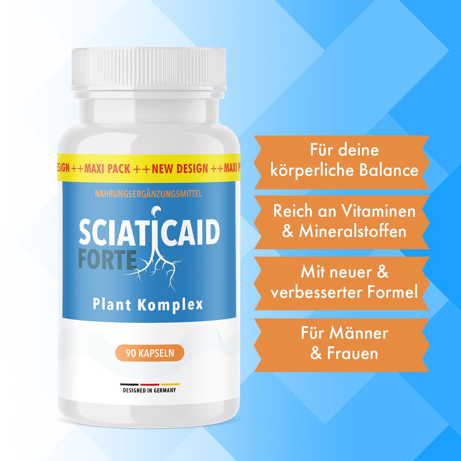 Weiße Flasche Sciaticaid Forte Kapseln. Blaues Etikett mit Produktnamen. Orangefarbene Banner mit Text. Hintergrund in Blautönen.