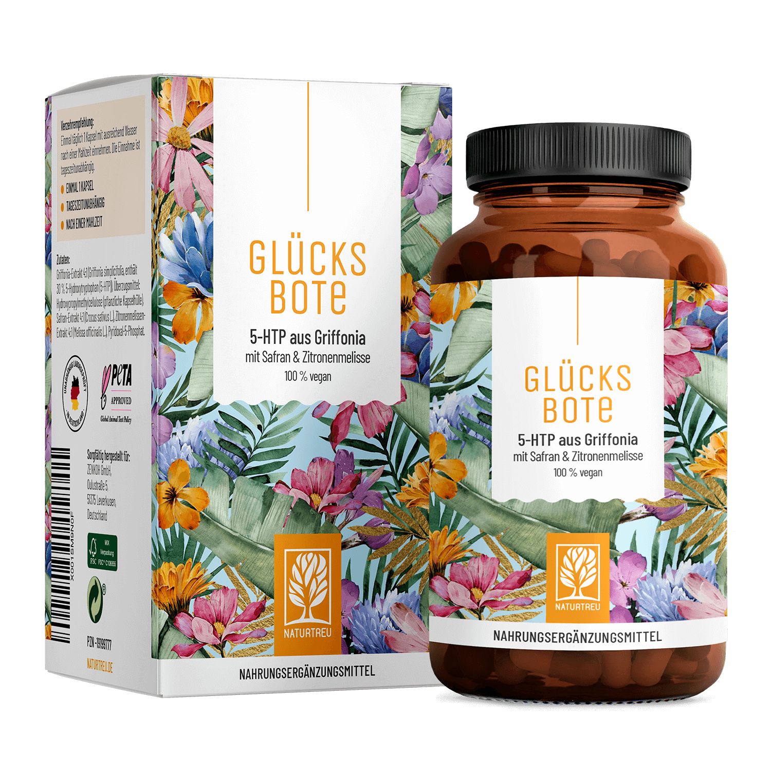 Braune Glasflasche und Schachtel mit floralem Design. Aufschrift: GLÜCKS BOTE, 5-HTP aus Griffonia, NATURTREU®. PETA-Logo.