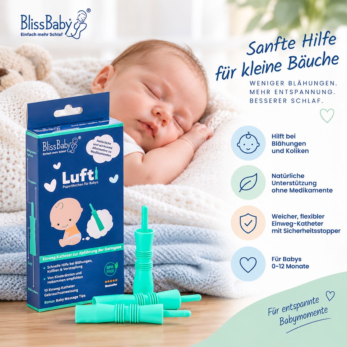 Bliss Baby Lufti: Weicher, flexibler Einweg-Katheter mit Sicherheitsstopper für Babys 0-12 Monate zur Linderung von Blähungen und Koliken.