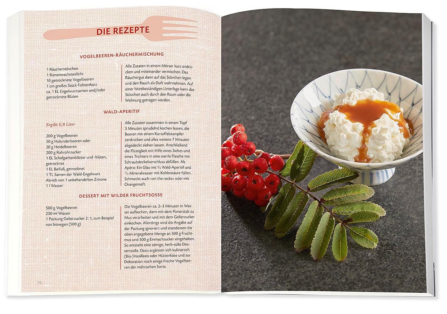 Buch, offene Doppelseite. Rezepte und ein Foto von einem Dessert mit Vogelbeeren. Auf der linken Seite Text.