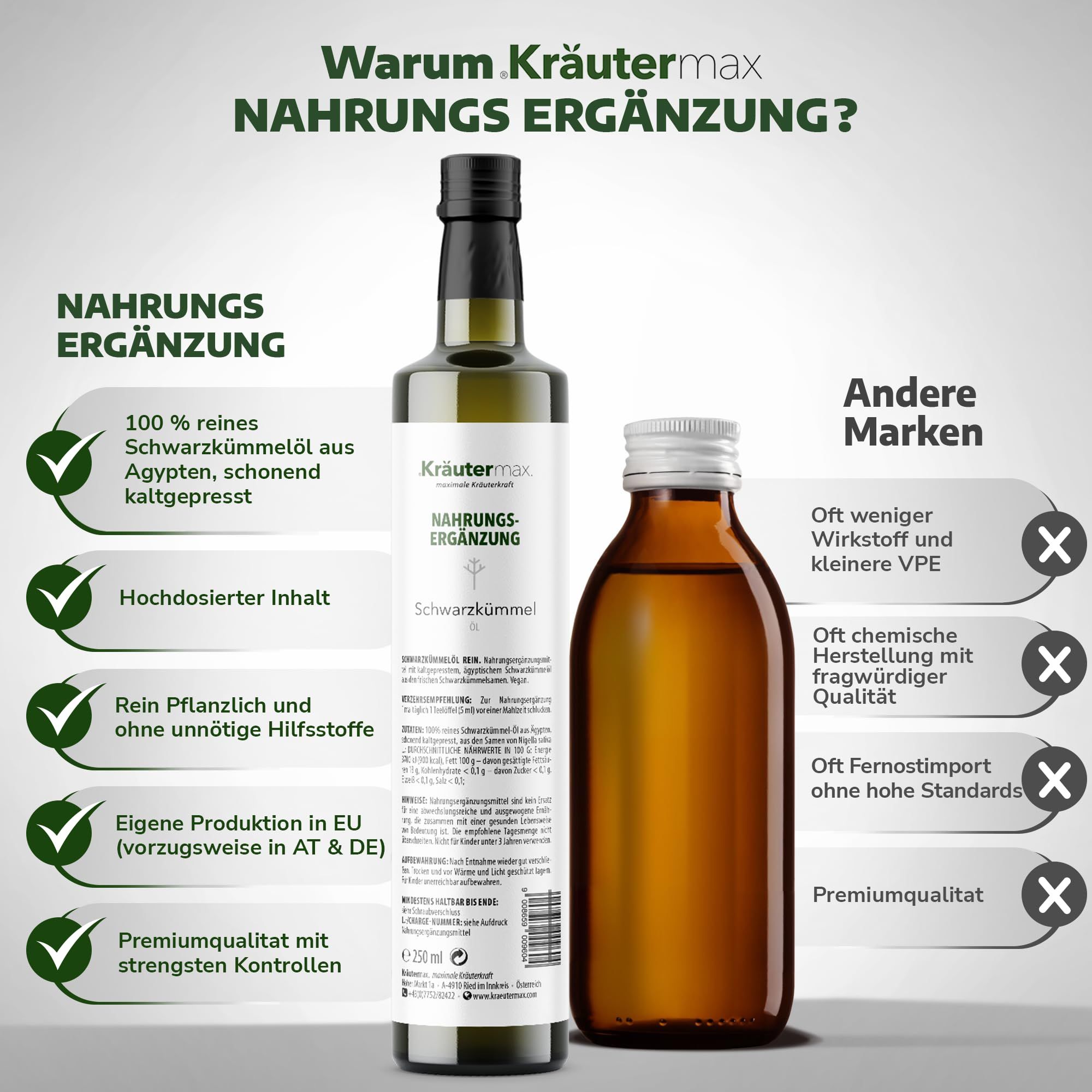 Zwei Flaschen. Eine grüne Glasflasche mit Etikett, daneben eine braune Flasche. Text: "Warum Kräutermax Nahrungsergänzung?"