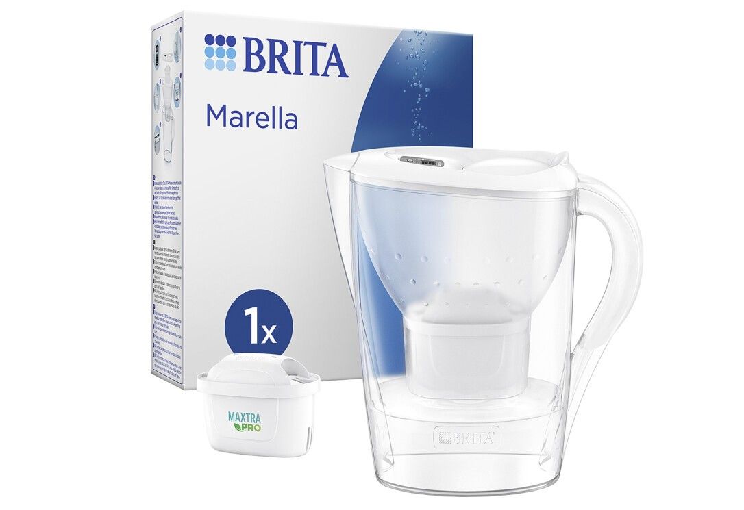 BRITA Marella Wasserfilter-Kanne mit Filterkartusche und Verpackung. Filterkartusche MAXTRA PRO. 1x Filter.