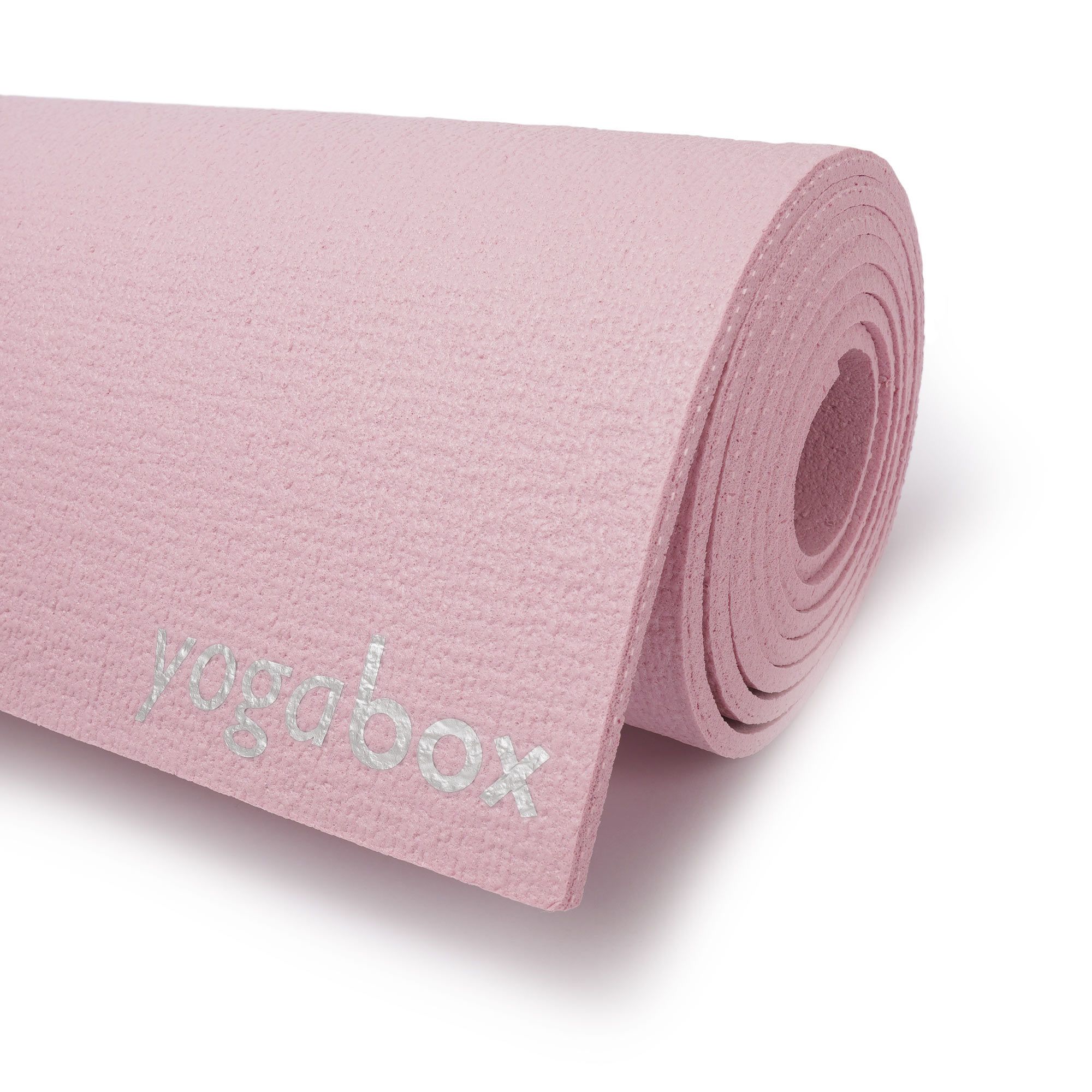 Rosa Yogamatte mit aufgedrucktem "yogabox" Logo.
