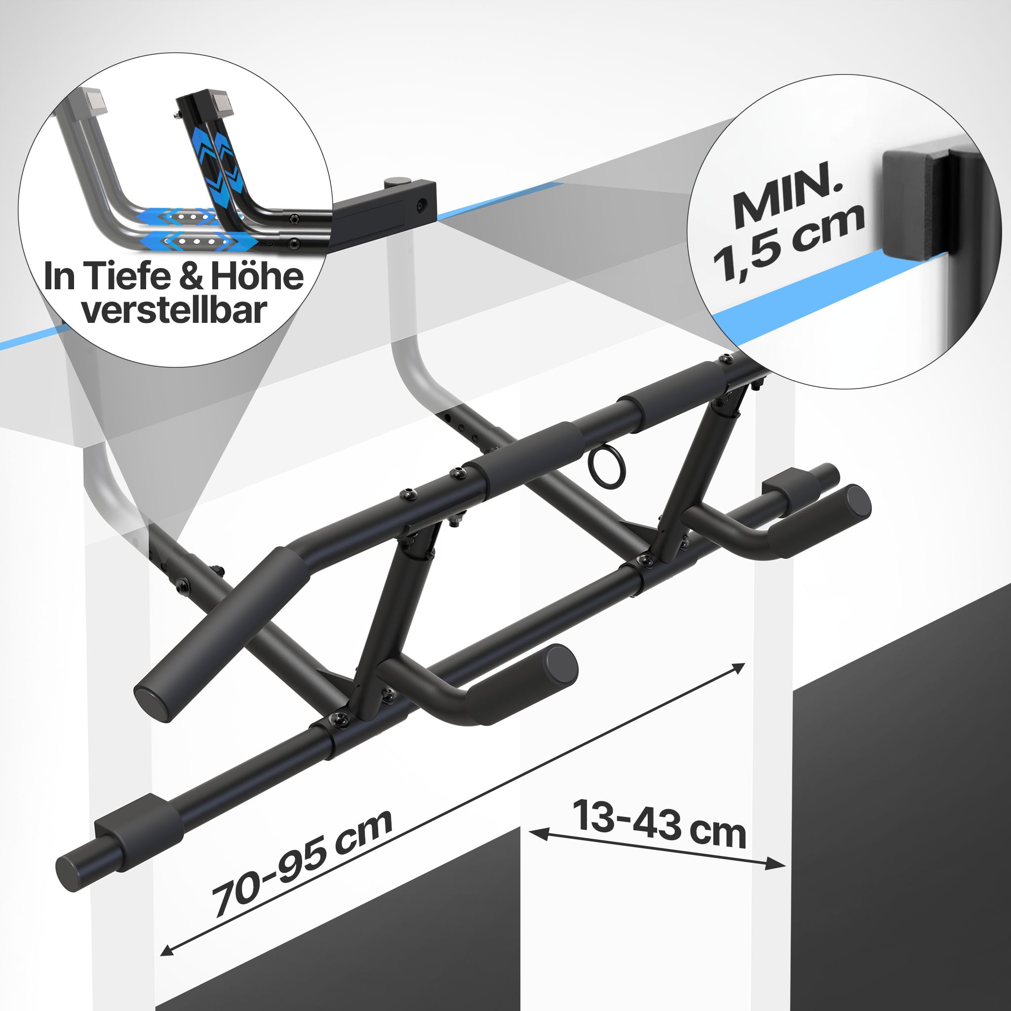 Schwarze Klimmzugstange für den Türrahmen. Verstellbar in Tiefe und Höhe. Maße: 70-95 cm und 13-43 cm. Mit Griffen und Halterungen.