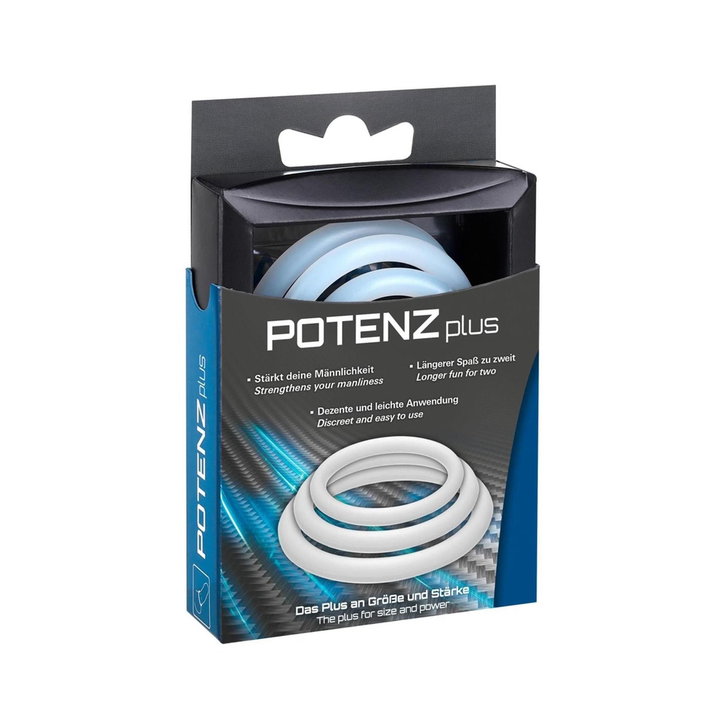 Verpackung mit drei weißen Ringen. Marke POTENZplus. Text auf Deutsch und Englisch.
