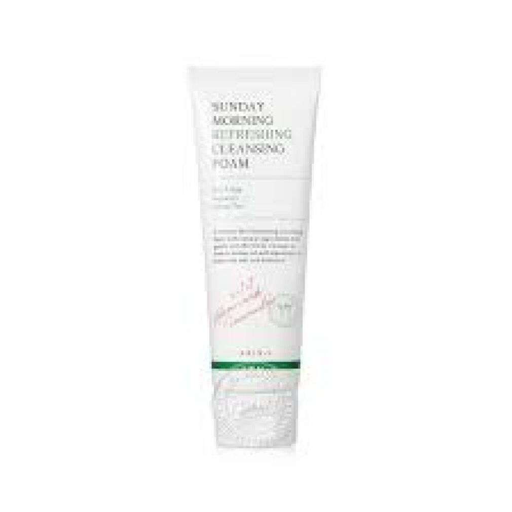 Weiße Tube mit erfrischendem Reinigungsschaum, "Sunday Morning" und "Refreshing Cleansing Foam" aufgedruckt.
