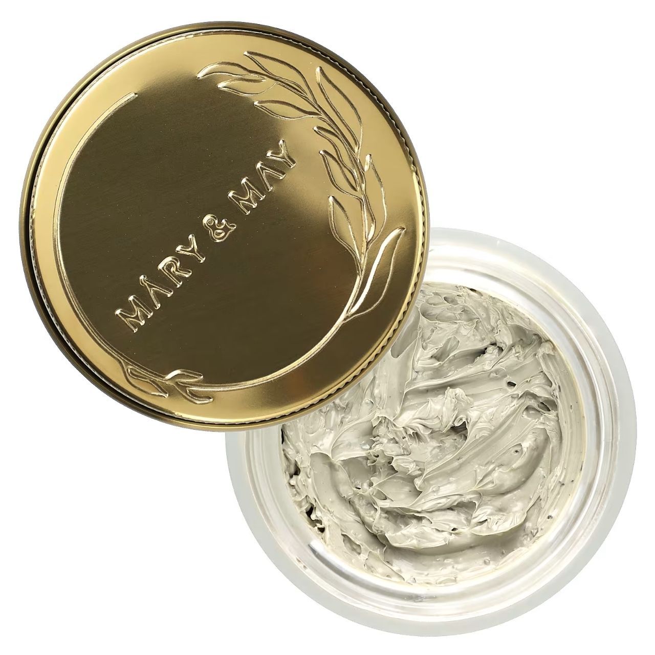 Offener Behälter mit Mary & May CICA Tea Tree Soothing Wash off Pack und dem goldenen, geprägten Deckel daneben.